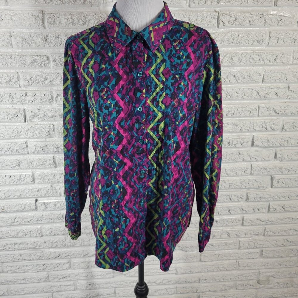 Westbound Women's XL Purple Geometric Cotton Blend Button-Up Top GEO163E
